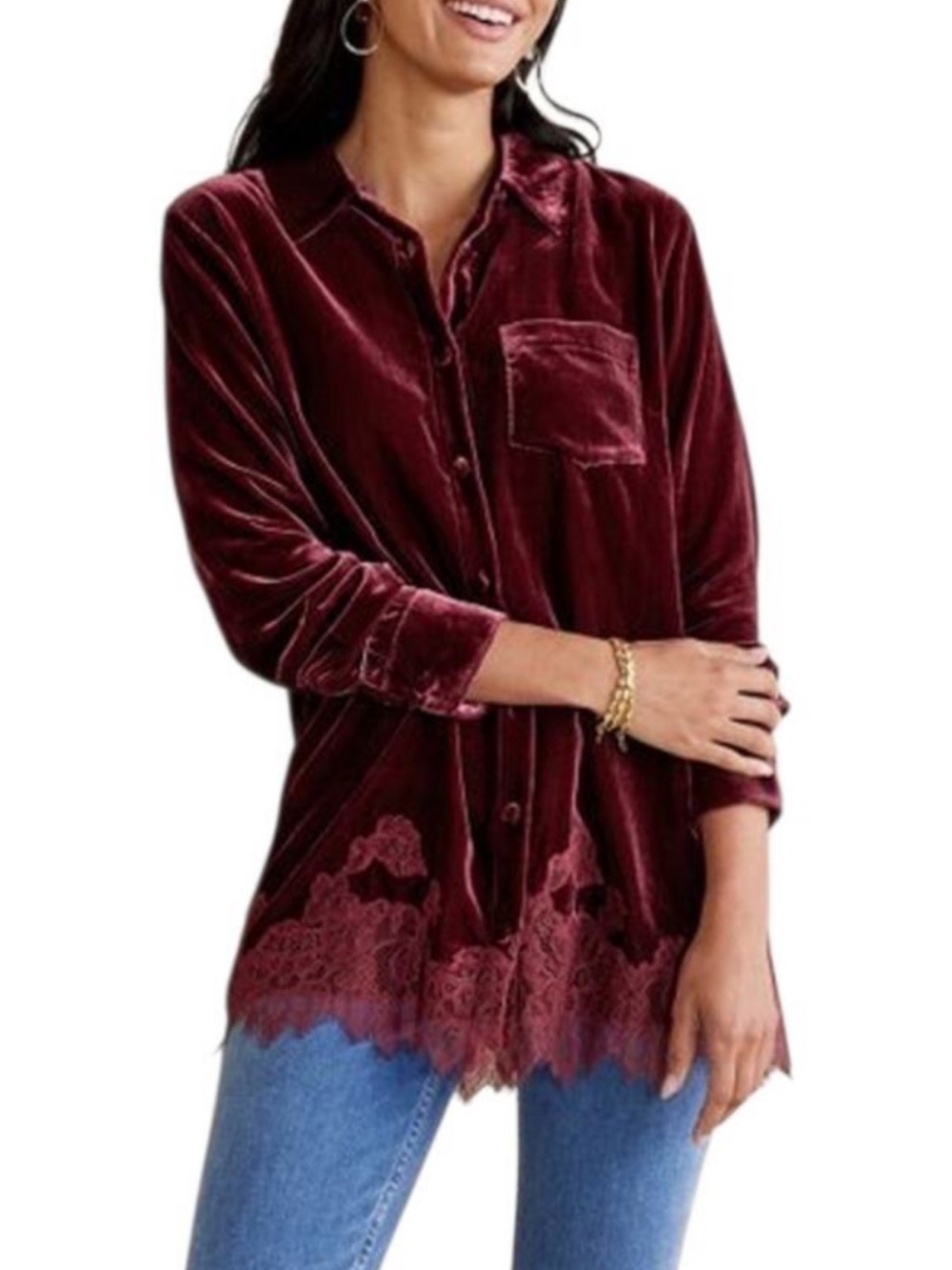 Soft Surroundings Wine Velvet Button-Down Shirt with Lace Hem